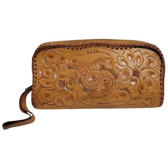 Vintage 1960s Hand Tooled Leather Western Wristlet Clutch Handbag Zip Closure - Picture 6 of 10